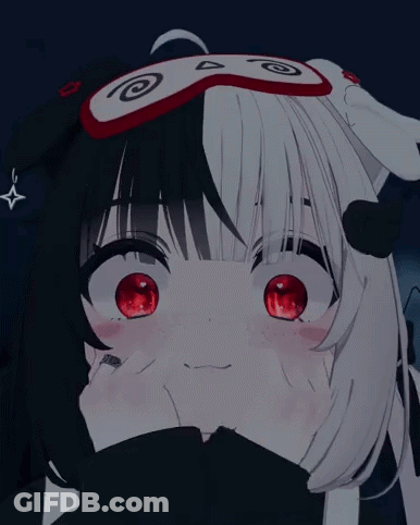 A Black And White Anime Character With Red Eyes And A Swirl On Her Head GIF