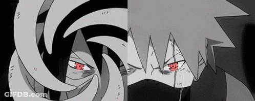 A Black And White Anime Character With Red Eyes GIF