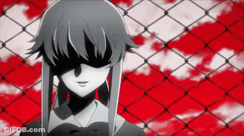 A Black And White Anime Girl Is Standing In Front Of A Chain Link Fence With Her Eyes Covered . GIF