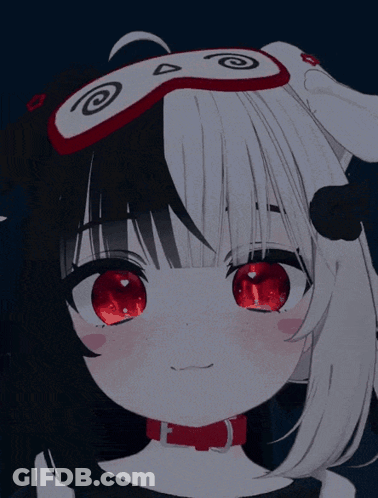 A Black And White Anime Girl With Red Eyes And A Sleep Mask On Her Head GIF