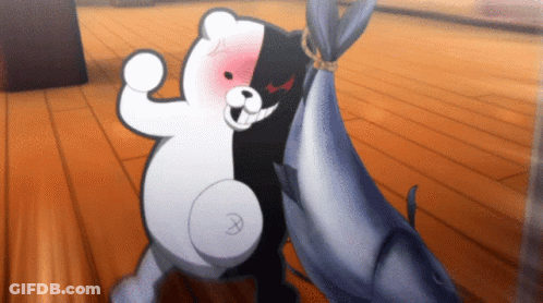 A Black And White Bear Holding A Large Fish GIF