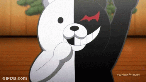 A Black And White Cartoon Bear With A Red Bat On Its Face GIF