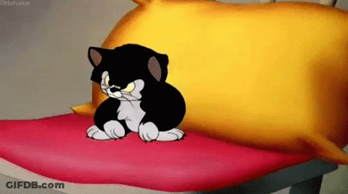 A Black And White Cartoon Cat Is Sitting On A Red Pillow . GIF