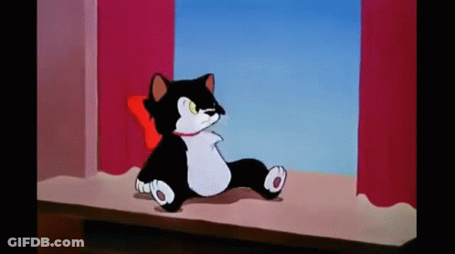 A Black And White Cartoon Cat Is Sitting On A Window Sill Looking Out The Window . GIF