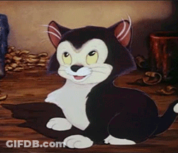 A Black And White Cartoon Cat Is Sitting On A Wooden Table . GIF