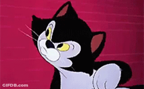 A Black And White Cartoon Cat With A Yellow Nose Is Looking Up On A Pink Background . GIF