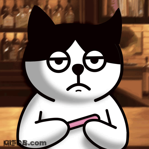 A Black And White Cartoon Cat With The Word Moca On The Bottom Left GIF