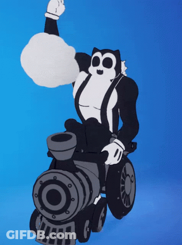 A Black And White Cartoon Character Is Riding A Train With A Blue Background GIF