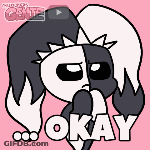 A Black And White Cartoon Character With The Word Okay In White Letters GIF