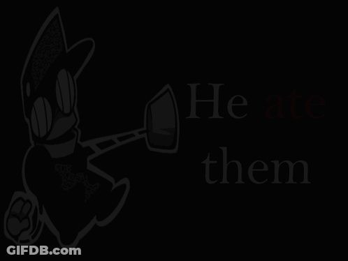 A Black And White Cartoon Character With The Words He Ate Them Behind Him GIF