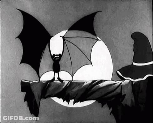A Black And White Cartoon Of A Bat Sitting On A Branch . GIF