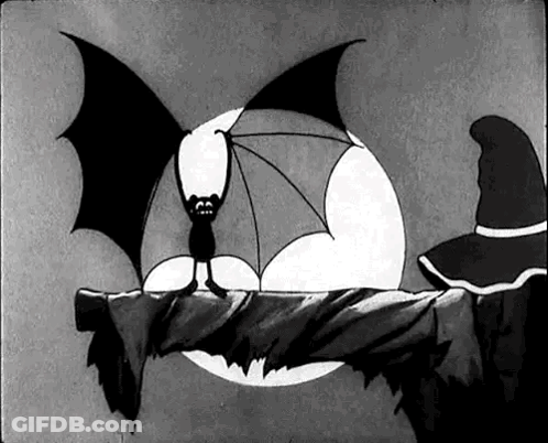 A Black And White Cartoon Of A Bat Sitting On A Branch . GIF