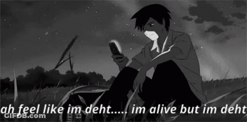 A Black And White Cartoon Of A Boy Sitting In The Grass Looking At His Cell Phone . GIF