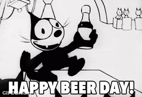 A Black And White Cartoon Of A Cat Holding A Bottle Of Beer And The Words `` Happy Beer Day '' . GIF