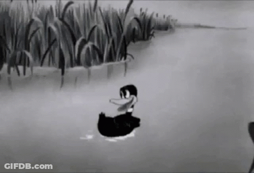 A Black And White Cartoon Of A Duck In A Pond . GIF