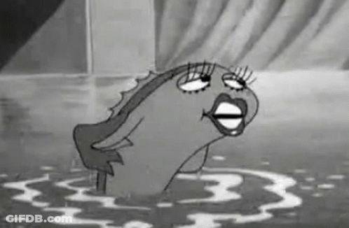 A Black And White Cartoon Of A Fish With A Woman 'S Face Is Swimming In The Water . GIF