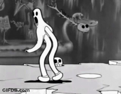 A Black And White Cartoon Of A Ghost Standing In Front Of A Skull GIF
