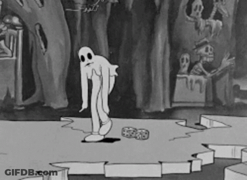 A Black And White Cartoon Of A Ghost Standing On A Ledge GIF