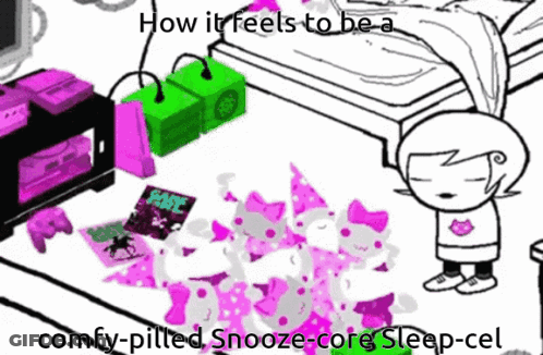 A Black And White Cartoon Of A Girl Standing Next To A Pile Of Pink And Purple Toys . GIF