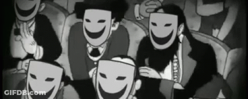 A Black And White Cartoon Of A Group Of Men Wearing Masks GIF