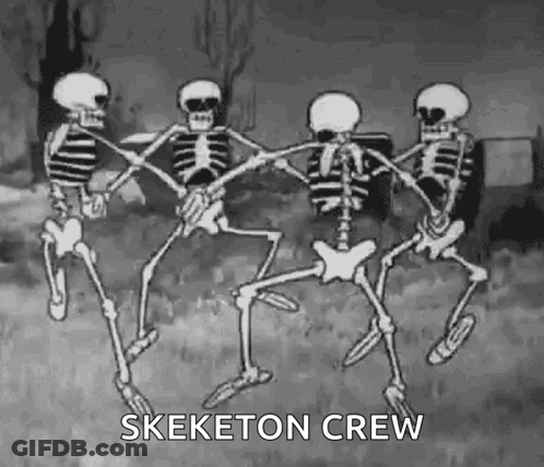 A Black And White Cartoon Of A Group Of Skeletons Dancing In A Cemetery . GIF