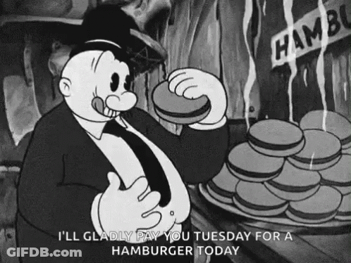 A Black And White Cartoon Of A Man Eating A Hamburger And Saying I 'Ll Gladly Pay You Tuesday GIF
