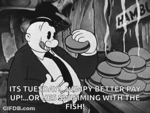 A Black And White Cartoon Of A Man Eating A Hamburger And Saying `` It 'S Tuesday ! '' GIF