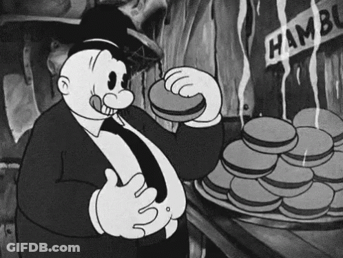 A Black And White Cartoon Of A Man Eating A Hamburger In Front Of A Sign That Says Ham . GIF