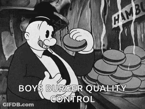 A Black And White Cartoon Of A Man Eating A Hamburger With The Caption `` Boys Burger Quality Control '' . GIF