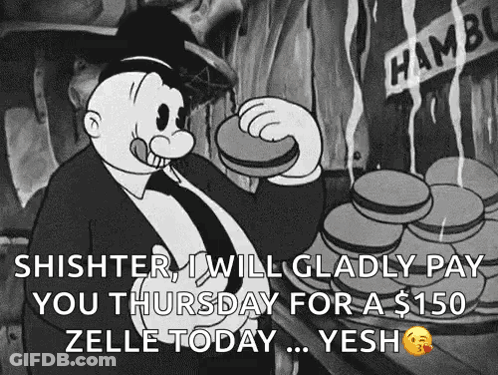 A Black And White Cartoon Of A Man Eating A Hamburger With The Caption Shishter GIF