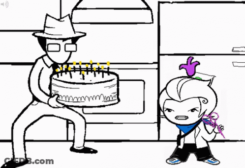 A Black And White Cartoon Of A Man Holding A Birthday Cake GIF
