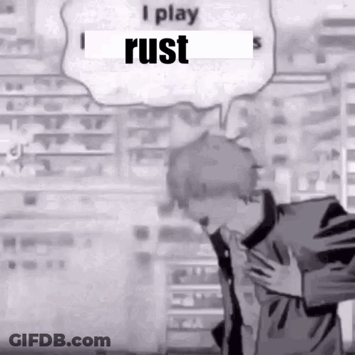 A Black And White Cartoon Of A Man Holding His Chest With A Speech Bubble That Says `` I Play Rust '' . GIF
