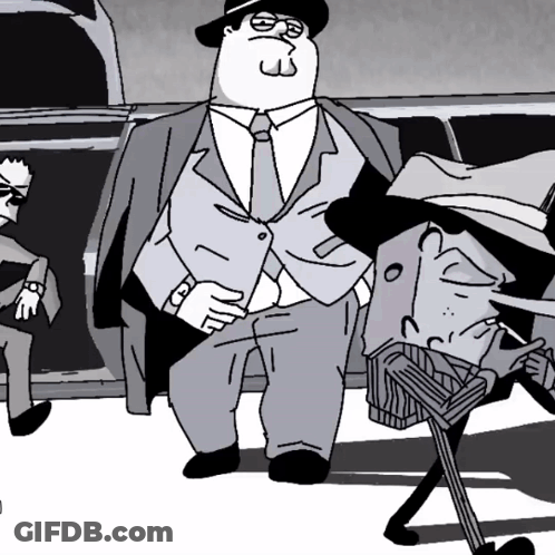 A Black And White Cartoon Of A Man In A Suit And Tie Standing Next To Another Man GIF