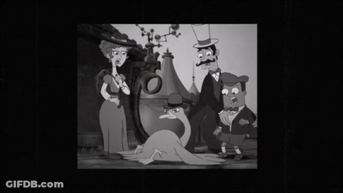 A Black And White Cartoon Of A Man In A Top Hat Standing Next To A Duck GIF