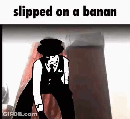 A Black And White Cartoon Of A Man In A Top Hat With The Words Slipped On A Banana Below Him GIF
