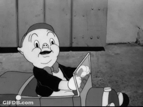 A Black And White Cartoon Of A Pig In A Car GIF