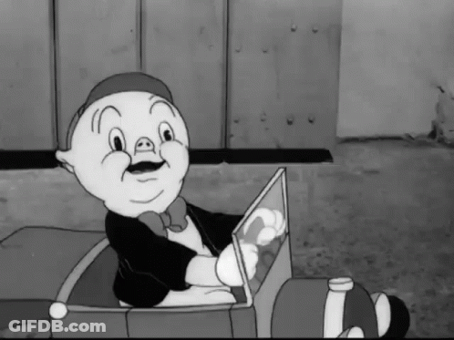 A Black And White Cartoon Of A Pig In A Suit Driving A Car GIF