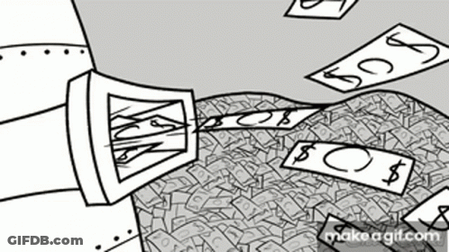 A Black And White Cartoon Of A Pile Of Money Being Thrown Into The Air . GIF