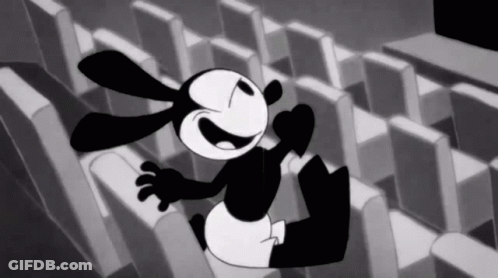 A Black And White Cartoon Of A Rabbit Sitting On A Row Of Seats GIF
