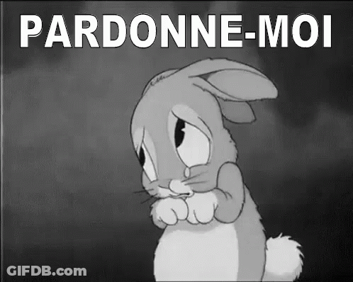 A Black And White Cartoon Of A Sad Bunny With The Words Pardonne-Moi Written Below It GIF