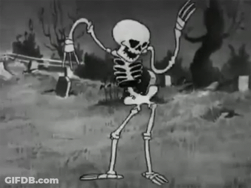 A Black And White Cartoon Of A Skeleton Dancing In A Graveyard . GIF