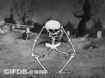 A Black And White Cartoon Of A Skeleton In A Cemetery . GIF