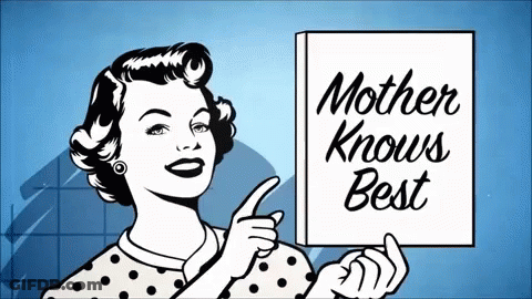 A Black And White Cartoon Of A Woman Holding A Sign That Says Mother Knows Best GIF