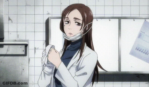 A Black And White Cartoon Of A Woman Wearing A Mask And A Lab Coat . GIF