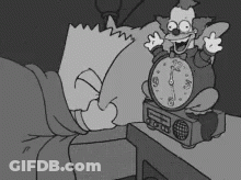 A Black And White Cartoon Of Bart Simpson Laying In Bed Next To A Clown Alarm Clock GIF