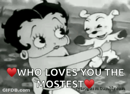 A Black And White Cartoon Of Betty Boop Hugging A Puppy GIF