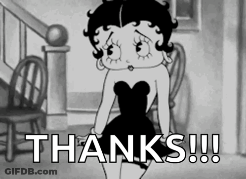 A Black And White Cartoon Of Betty Boop Saying " Thanks " GIF
