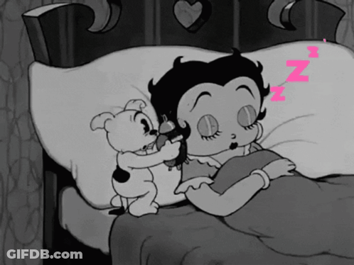 A Black And White Cartoon Of Betty Boop Sleeping With A Dog GIF