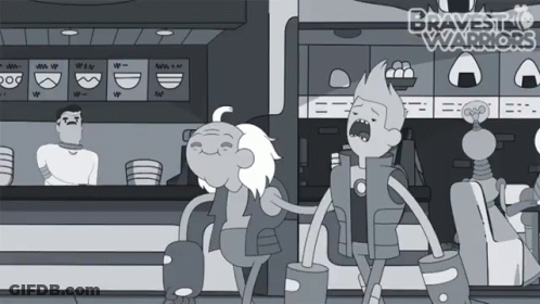 A Black And White Cartoon Of Bravest Warriors In A Food Court GIF
