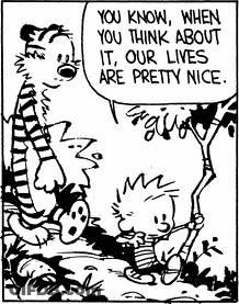 A Black And White Cartoon Of Calvin And Hobbes Talking About Life . GIF